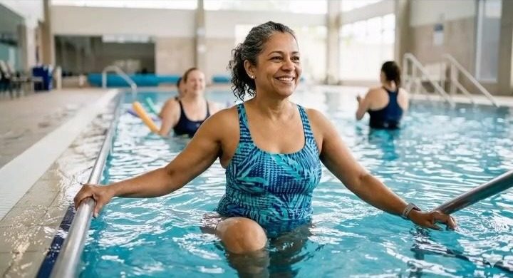 Paciente em sessao de hidroterapia na Ortofit